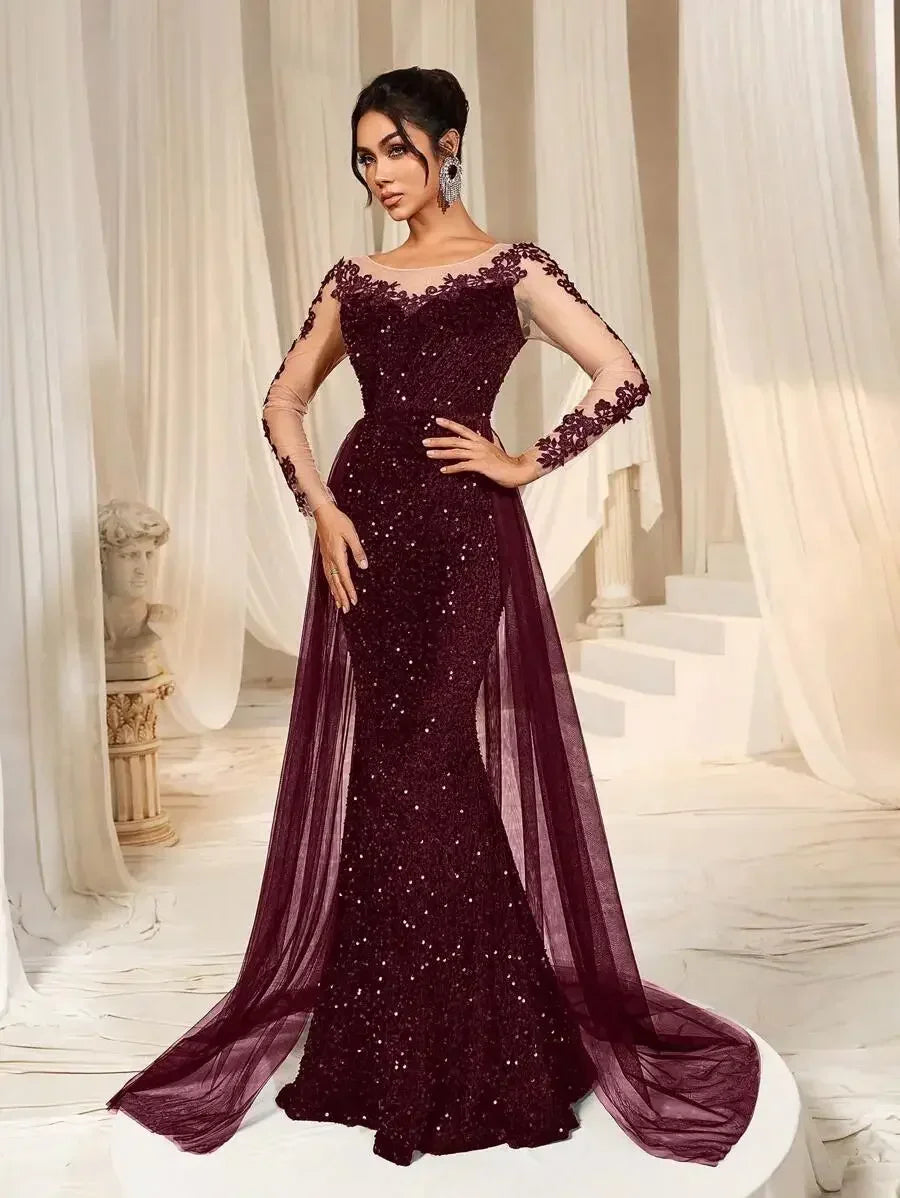 Burgundy Mermaid Sequin Evening Dress