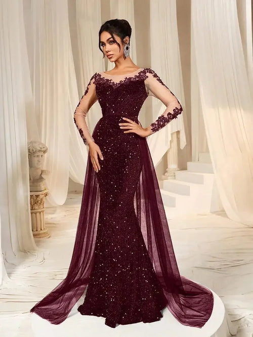 Burgundy Mermaid Sequin Evening Dress