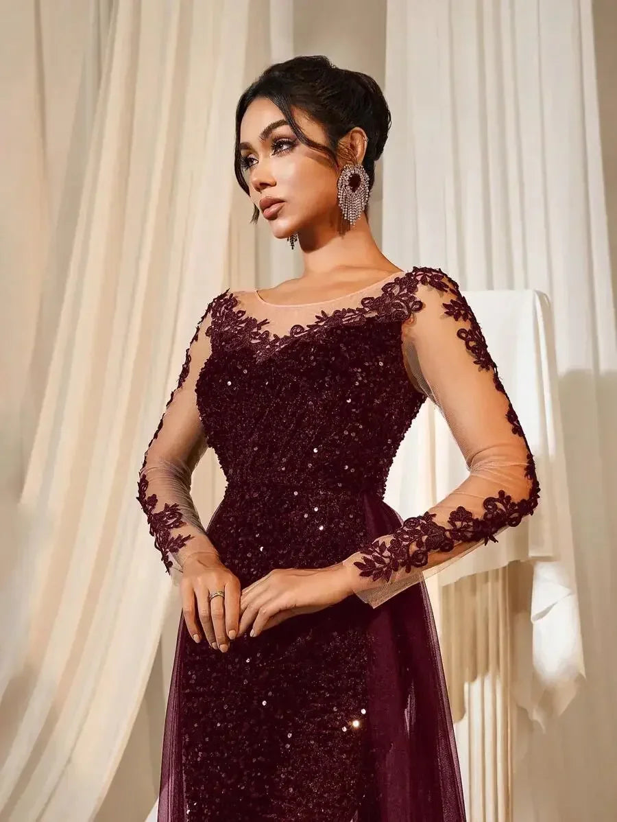 Burgundy Mermaid Sequin Evening Dress