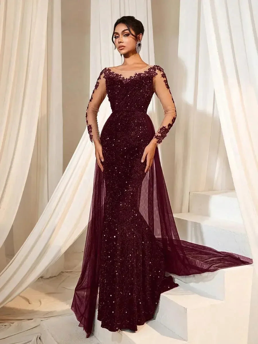 Burgundy Mermaid Sequin Evening Dress