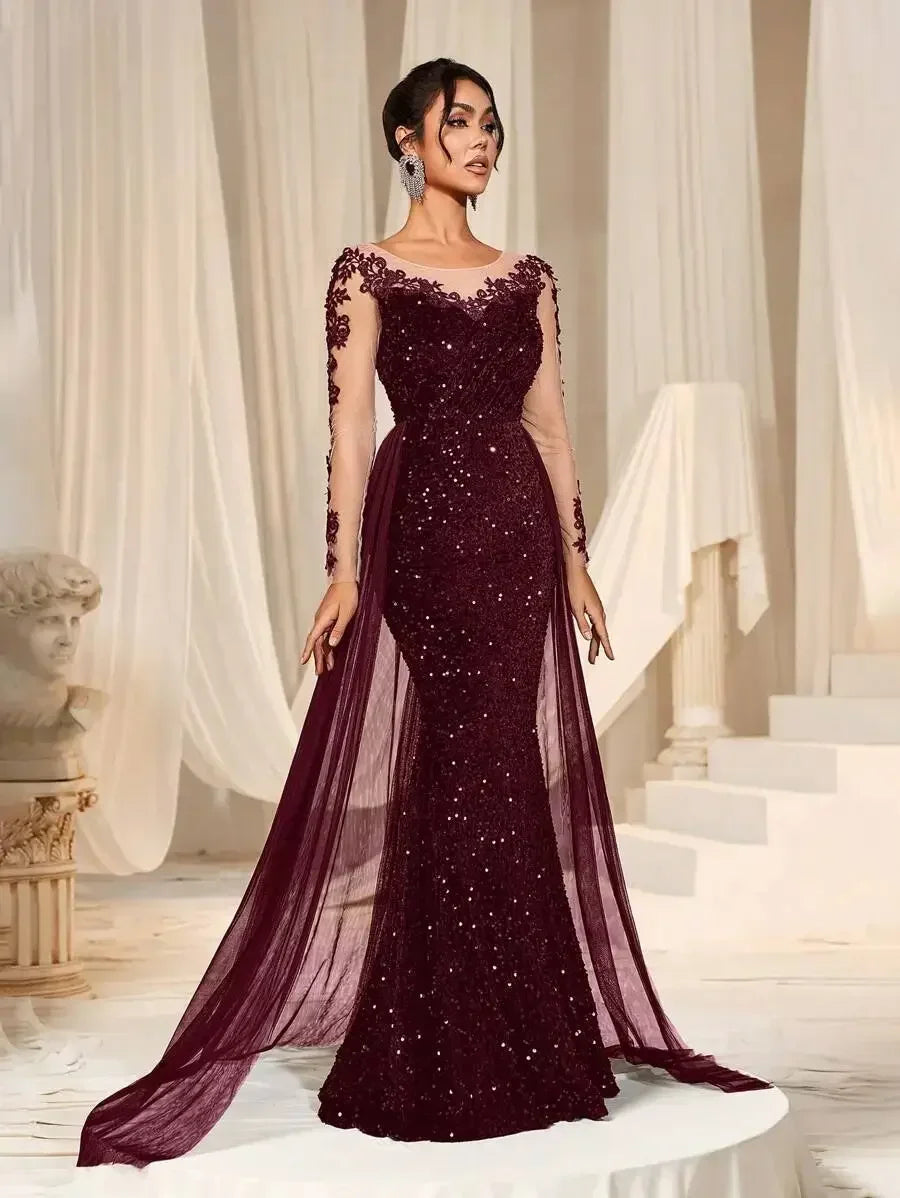 Burgundy Mermaid Sequin Evening Dress