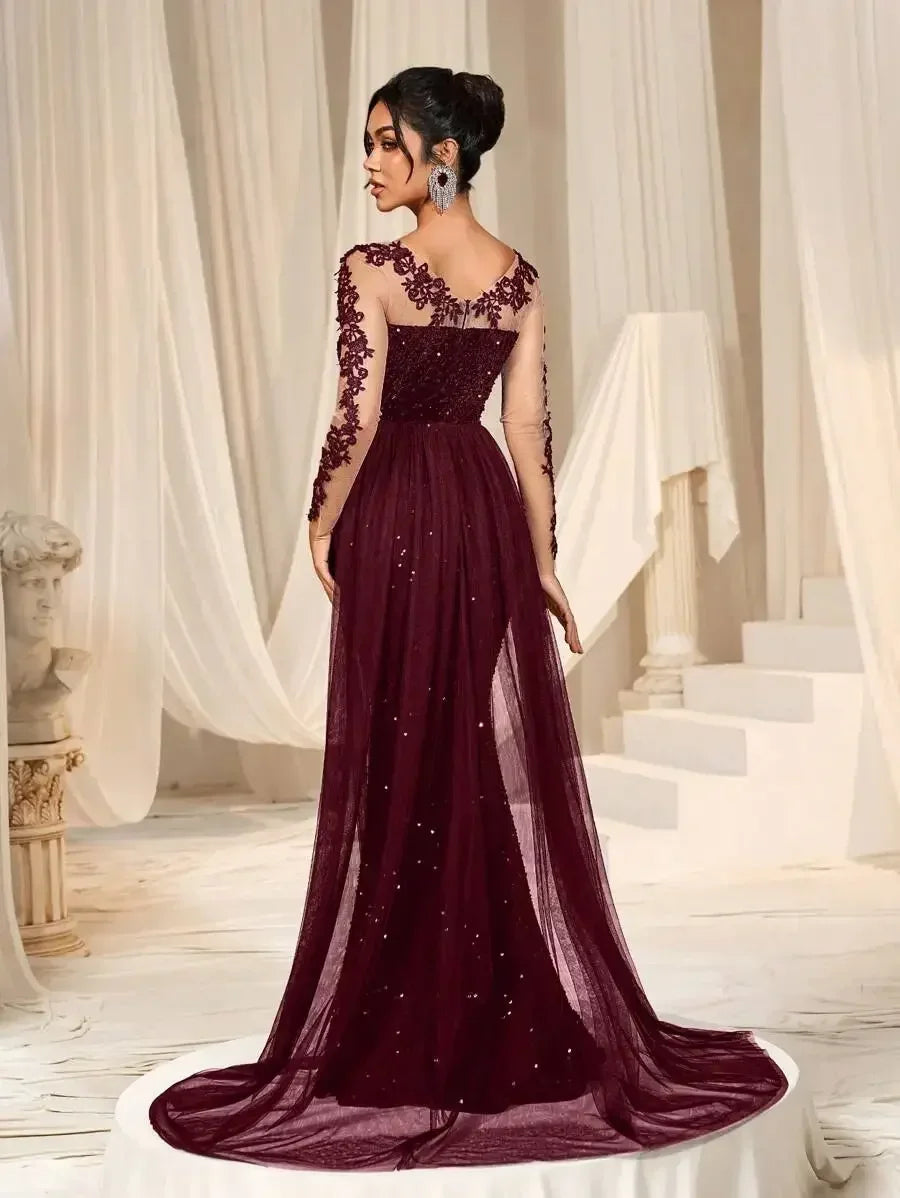 Burgundy Mermaid Sequin Evening Dress