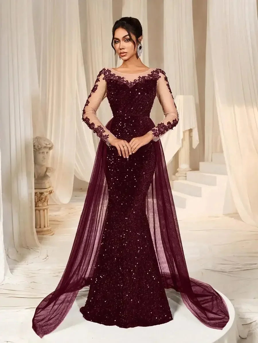 Burgundy Mermaid Sequin Evening Dress